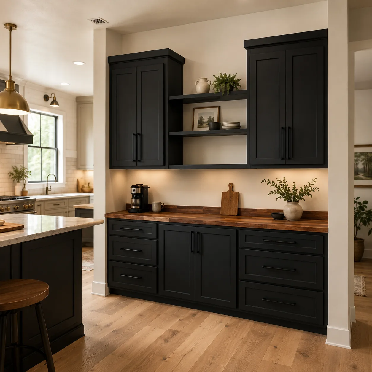 Custom matte black kitchen buffet cabinetry with a solid walnut countertop and open shelves — Hiawassee, GA