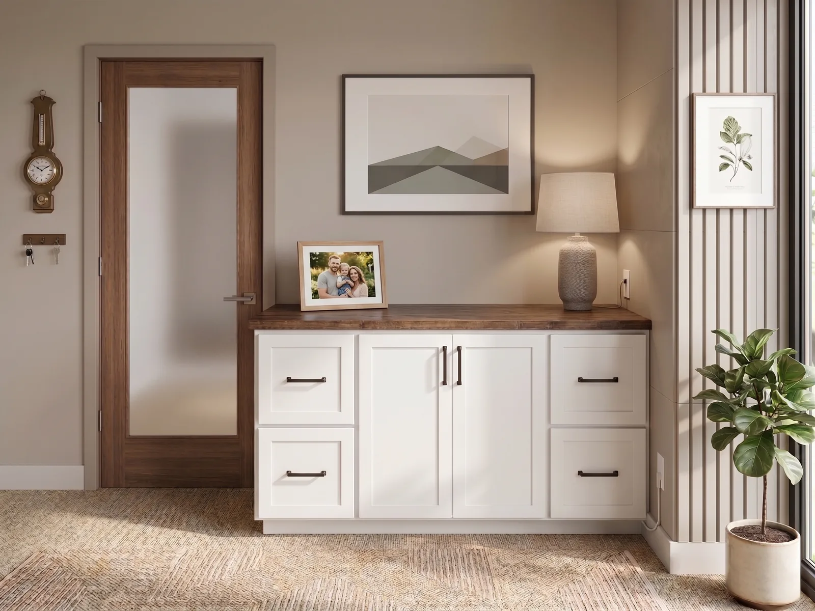 Custom white shaker cabinet console with a dark wood top and dark bronze hardware — Blue Ridge, GA