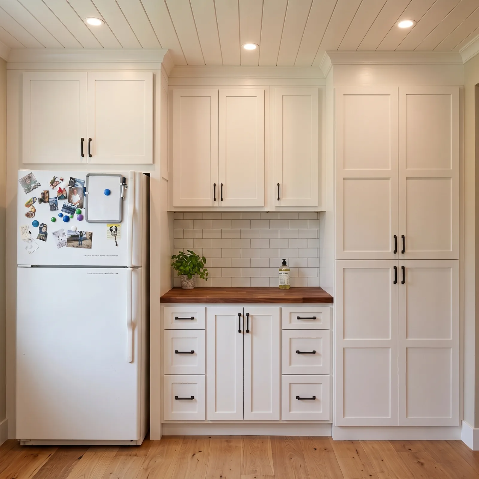Traditional white shaker cabinetry surrounding refrigerator with warm wood countertops — Blairsville, GA