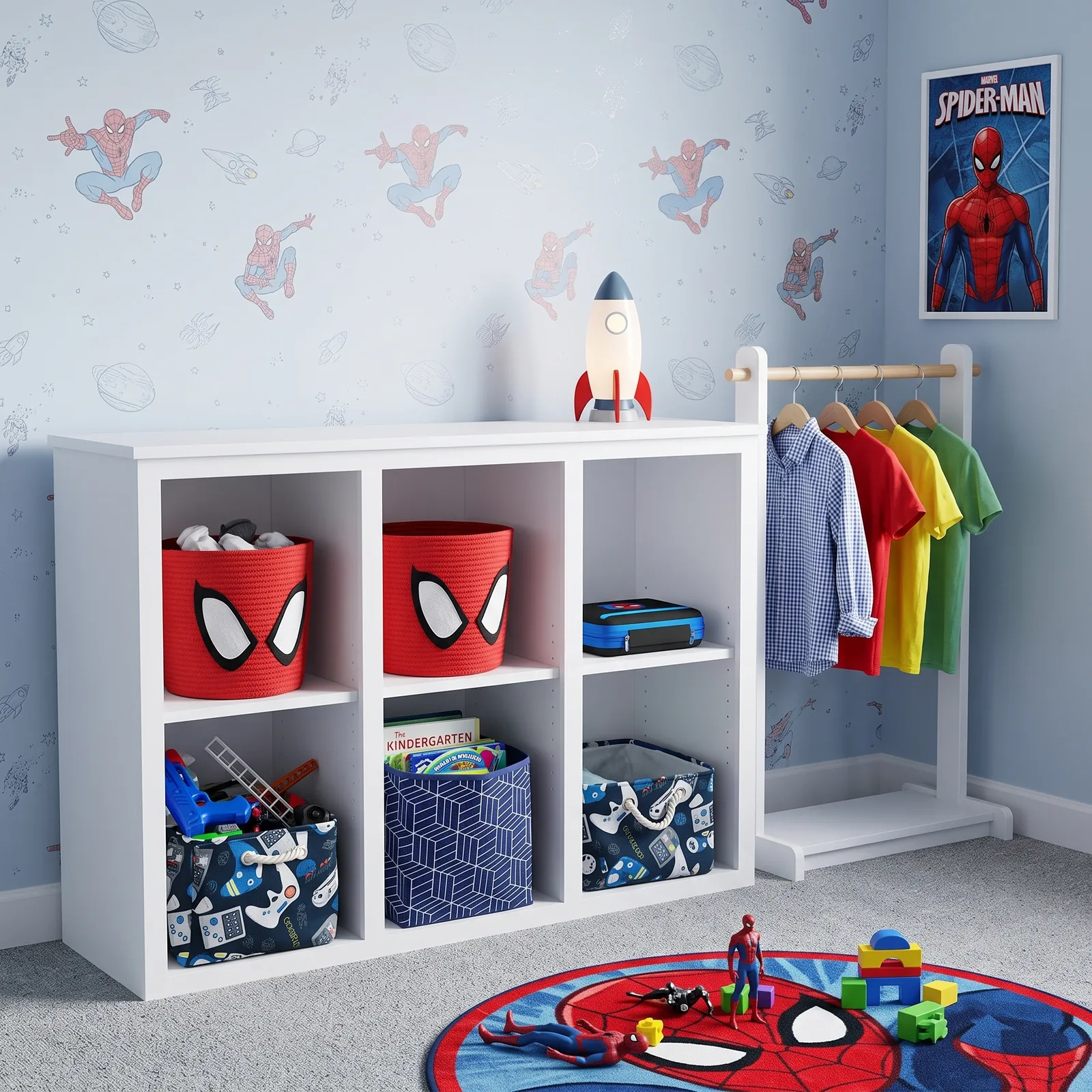 Custom white cube storage shelving and matching clothes rack in a themed playroom — Young Harris, GA