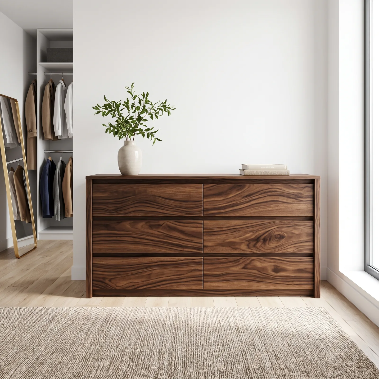 Bespoke 6-drawer walnut bedroom dresser with integrated wood grain pattern — Hayesville, NC