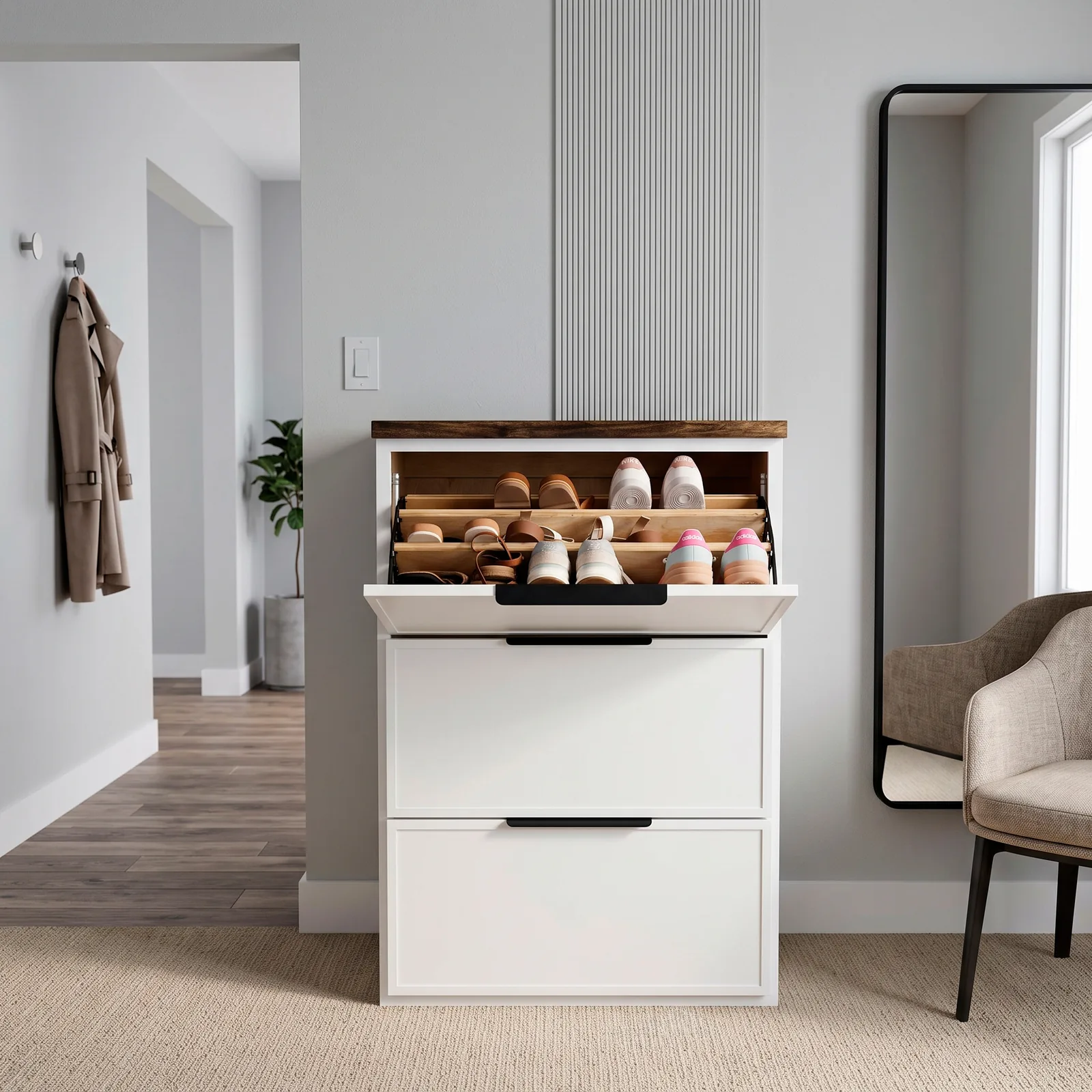 Custom white entryway shoe storage cabinet with tilting drawers and wood countertop — Blue Ridge, GA